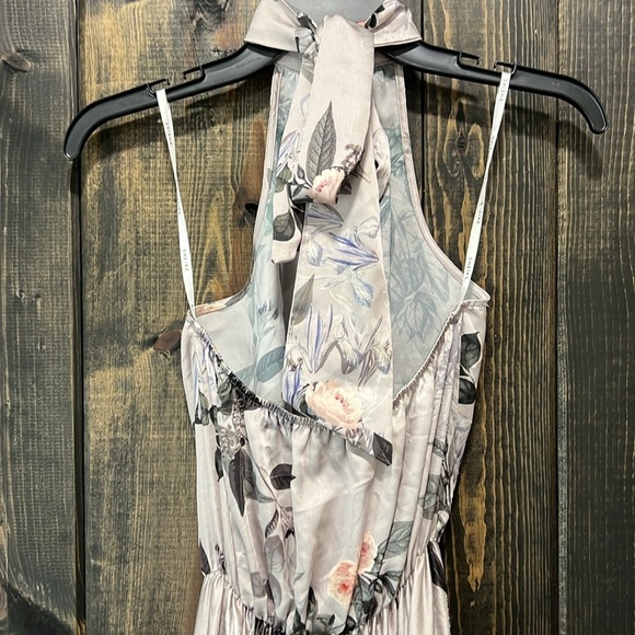 Sheike Halter Dress 8 Grey Silver Floral Satin Maxi Midi Boho Open Back Tie - Picture 6 of 11